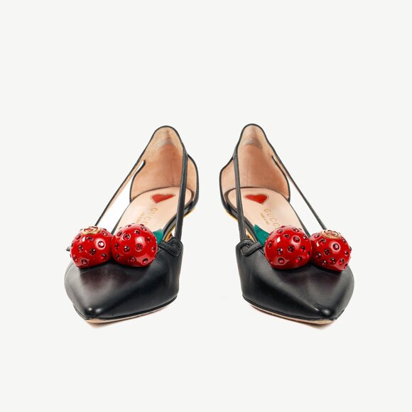Gucci Unia Black Leather Cherry-Embellished Pointed-Toe Heels - Picture 3 of 10